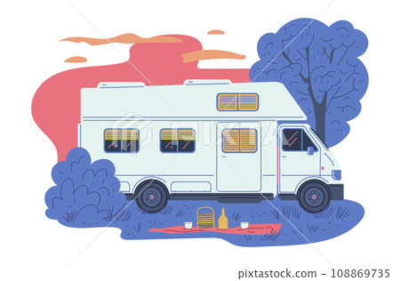 White camper van on holiday camping with picnic, vector mobile auto cabin house bus in forest, outdoor summer RV leisure White camper van on holiday camping with picnic, vector mobile auto cabin house bus in forest, outdoor summer RV leisure 108869735