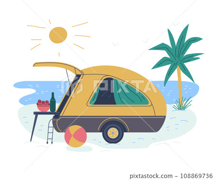 Beach backdrop with travel van or RV camper, flat vector illustration isolated. Beach backdrop with travel van or RV camper, flat vector illustration isolated. 108869736