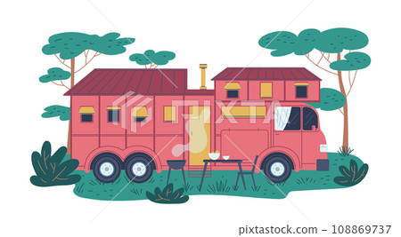 Red camper van on holiday camping, picnic with barbecue, table and chair in forest, vector auto two-storied house bus Red camper van on holiday camping, picnic with barbecue, table and chair in forest, vector auto two-storied house bus 108869737