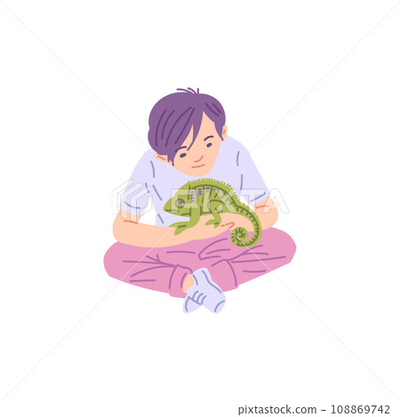 Boy is looking on green guana, vector cartoon exotic pet reptile,chameleon lizard animal crawls along the owner's hand Boy is looking on green guana, vector cartoon exotic pet reptile,chameleon lizard animal crawls along the owner's hand 108869742