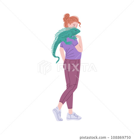Girl hold iguana on her shoulder. Girl hold iguana on her shoulder. 108869750