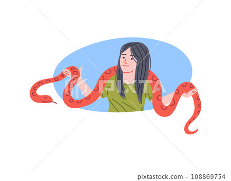 Girl hold snake on her shoulders and in hands. Girl hold snake on her shoulders and in hands. 108869754