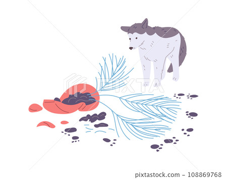 Dog, broken house plant pot and dirty paw prints vector illustration on white background. Dog, broken house plant pot and dirty paw prints vector illustration on white background. 108869768