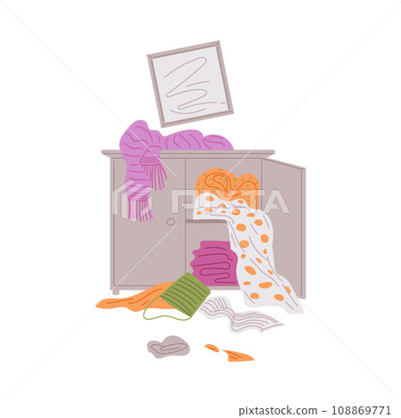 Open wardrobe, scattered clothes, damaged picture on the wall. Open wardrobe, scattered clothes, damaged picture on the wall. 108869771