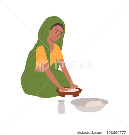 Indian rural woman cooking food with traditional way of baking flatbread, rolls out the dough, Asian housewife vector 108869777