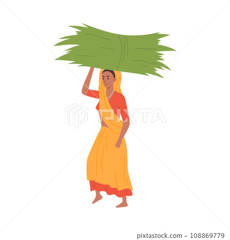 Indian rural woman, farmer with a haystack on head, vector traditionally dressed Indian woman with wheat harvest 108869779