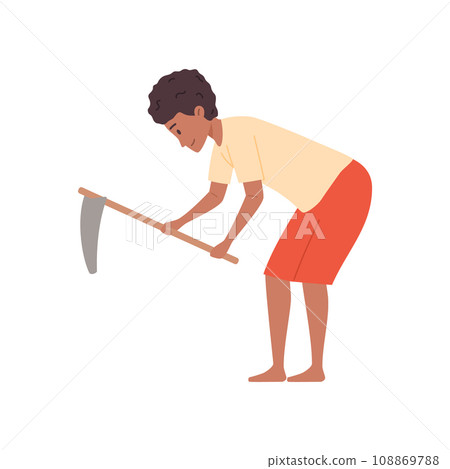Indian rural agricultural worker cultivates with hoe, harvests, farmer's hand hard work vector illustration isolated 108869788