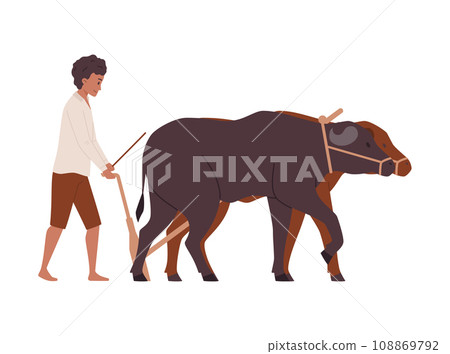 Young man plowing field with buffaloes, flat vector isolated on white Young man plowing field with buffaloes, flat vector isolated on white 108869792