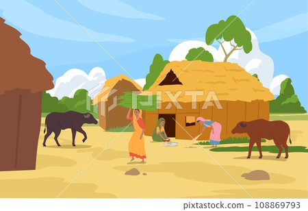 Indian rural landscape, vector illustration in flat cartoon style Indian rural landscape, vector illustration in flat cartoon style 108869793