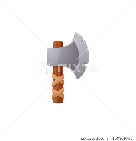 Ancient axe with wooden handle, game weapon, vector isolated on white 108869795