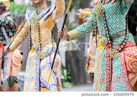 Close up to the custume of The performance Thai traditional drama story Khon epic, Ramakien or Ramayana. Close up to the custume of The performance Thai traditional drama story Khon epic, Ramakien or Ramayana. 108869979