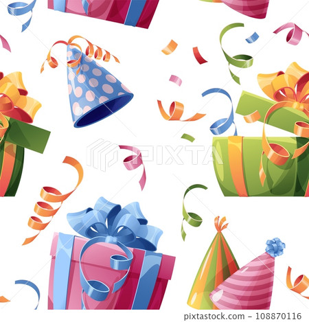 Seamless pattern with gift box, confetti, party hat. Background with festive items for birthday. Festive texture for wrapping paper, cards, fabric, wallpaper. 108870116