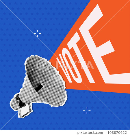 Megaphone speech bubble with big word - vote. Halftone collage Banner for 2024 president election. Democracy, Freedom of speech. Dotted vector illustration. Megaphone speech bubble with big word - vote. Halftone collage Banner for 2024 president election. Democracy, Freedom of speech. Dotted vector illustration. 108870622