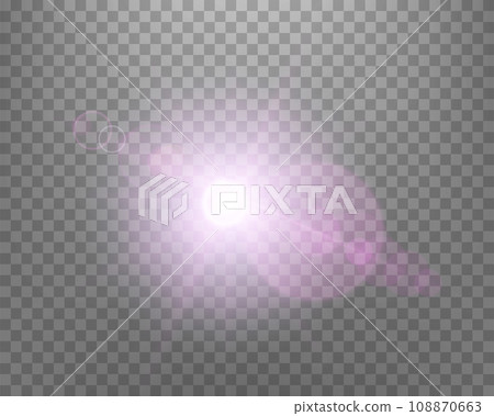 Sunlight lens flare, sun flash with rays and spotlight. Pink glowing burst explosion on a transparent background. Vector illustration. Sunlight lens flare, sun flash with rays and spotlight. Pink glowing burst explosion on a transparent background. Vector illustration. 108870663