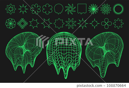 Cyber distorted shapes, retro punk design elements. Melting geometry y2k elements. Isolated wireframe style on black background. Vector trendy illustration. Cyber distorted shapes, retro punk design elements. Melting geometry y2k elements. Isolated wireframe style on black background. Vector trendy illustration. 108870664