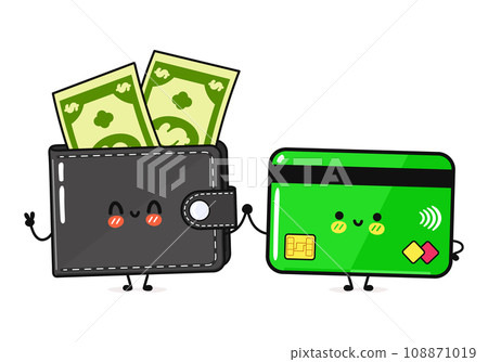 Wallet with money and Credit card character. Vector hand drawn cartoon kawaii characters, illustration icon. Funny cartoon happy Wallet with money and Credit card friends 108871019