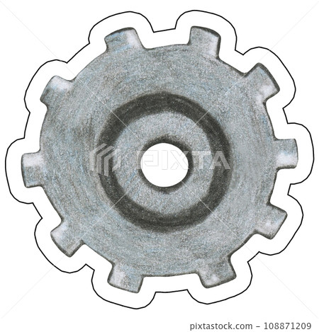 Hand Drawn Illustration of Colorful Steampunk Gear Sticker on White Background. Steampunk Gear Sticker Design Element Drawn by Colored Pencils. 108871209