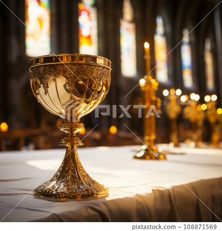Close up of Holy Chalice with customizable space for text or prayers. 108871569
