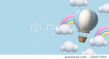 Flying 3d Hot Air Balloon clouds and rainbow cute 3d realistic clay aerostat vector illustration 108871944