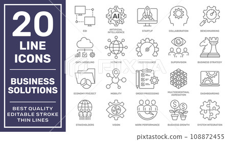 Business or organization management icon set. Containing manager, teamwork, strategy, marketing, business, planning, training, employee icons. Solid icons vector collection. Editable Stroke. EPS 10 108872455