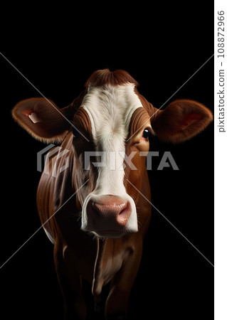 Portrait of a brown cow with a white face on a black background. Generative Ai. 108872966