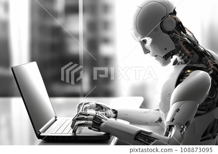 A robot working on a laptop. Robotic assistant. Generative Ai. 108873095