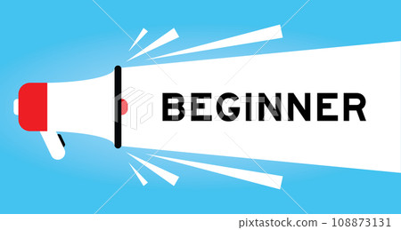Color megaphone icon with word beginner in white banner on blue background Color megaphone icon with word beginner in white banner on blue background 108873131