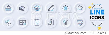 Inspect, Carousels and Fingerprint line icons for web app. Pack of Mail, Ferris wheel, Image album pictogram icons. Consumption growth, Organic product, Technical info signs. Vector Inspect, Carousels and Fingerprint line icons for web app. Pack of Mail, Ferris wheel, Image album pictogram icons. Consumption growth, Organic product, Technical info signs. Vector 108873241
