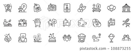 Icons pack as Ice cream, Gps and Crane claw machine line icons for app include Lounger, Eco bike, Journey outline thin icon web set. Puzzle, Fireworks, Map pictogram. Mattress. Vector Icons pack as Ice cream, Gps and Crane claw machine line icons for app include Lounger, Eco bike, Journey outline thin icon web set. Puzzle, Fireworks, Map pictogram. Mattress. Vector 108873255
