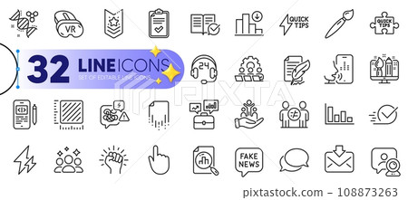 Outline set of Business portfolio, Checklist and Brush line icons for web with Inclusion, Empower, Discrimination thin icon. Vr, Decreasing graph, Quick tips pictogram icon. Phone code. Vector Outline set of Business portfolio, Checklist and Brush line icons for web with Inclusion, Empower, Discrimination thin icon. Vr, Decreasing graph, Quick tips pictogram icon. Phone code. Vector 108873263