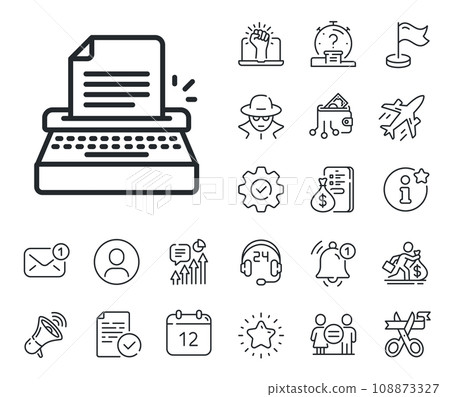 Copywriting sign. Salaryman, gender equality and alert bell outline icons. Typewriter line icon. Writer machine symbol. Typewriter line sign. Spy or profile placeholder icon. Vector Copywriting sign. Salaryman, gender equality and alert bell outline icons. Typewriter line icon. Writer machine symbol. Typewriter line sign. Spy or profile placeholder icon. Vector 108873327