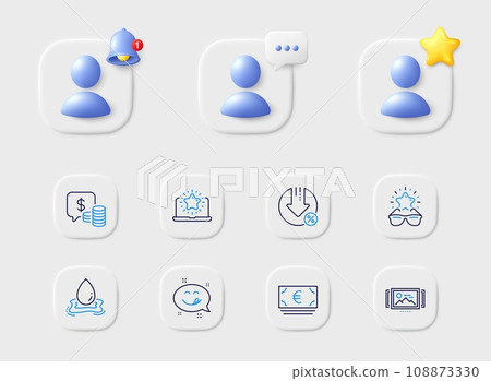 Yummy smile, Water splash and Coins line icons. Placeholder with 3d star, reminder bell, chat. Pack of Loan percent, Euro currency, Best glasses icon. Image carousel, Best laptop pictogram. Vector 108873330