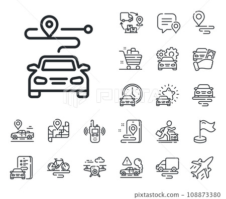 Road path sign. Plane, supply chain and place location outline icons. Journey line icon. Car route map symbol. Journey line sign. Taxi transport, rent a bike icon. Travel map. Delivery truck. Vector 108873380