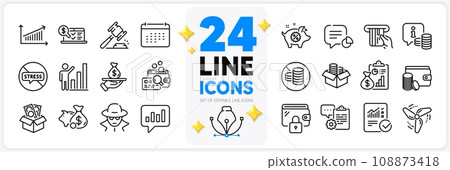 Icons set of No cash, Auction hammer and Wallet line icons pack for app with Checked calculation, Graph chart, Clipboard thin outline icon. Loan, Info, Stop stress pictogram. Calendar. Vector Icons set of No cash, Auction hammer and Wallet line icons pack for app with Checked calculation, Graph chart, Clipboard thin outline icon. Loan, Info, Stop stress pictogram. Calendar. Vector 108873418