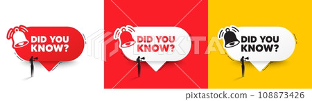 Did you know tag. Speech bubbles with bell and woman silhouette. Special offer question sign. Interesting facts symbol. Did you know chat speech message. Woman with megaphone. Vector 108873426