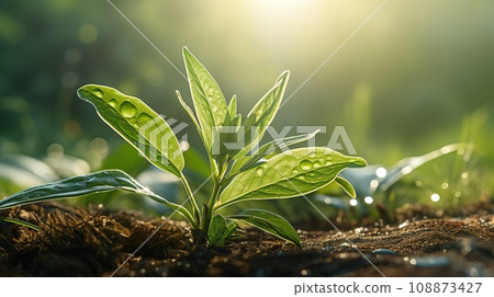 Green leaf of young plant close-up in sunlight in morning. 108873427