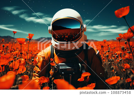 Astronaut in alpine meadows, in a field of poppies Astronaut in alpine meadows, in a field of poppies 108873458