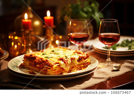 Family-style dinner table featuring a large tray of homemade lasagna Family-style dinner table featuring a large tray of homemade lasagna 108873467