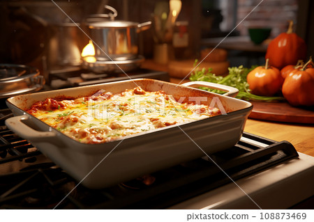 Cozy kitchen counter with a freshly baked mini lasagna, homey cooking atmosphere, kitchen tools 108873469
