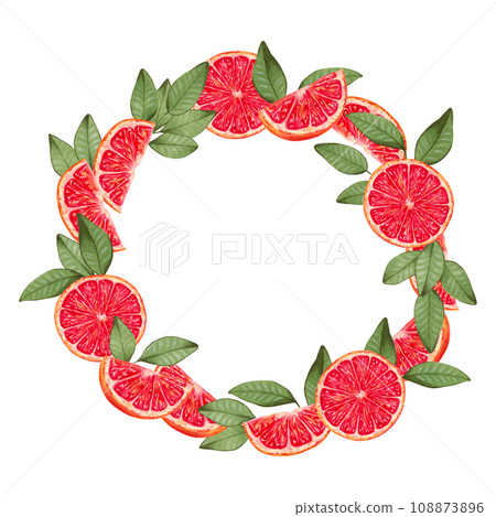 Round grapefruit wreath.Fruit frame made of ripe fruit slices with leaves.Botanical healthy food.Marker and watercolor illustration.Design for food packaging,juices,menus,cards.Handmade isolated art 108873896