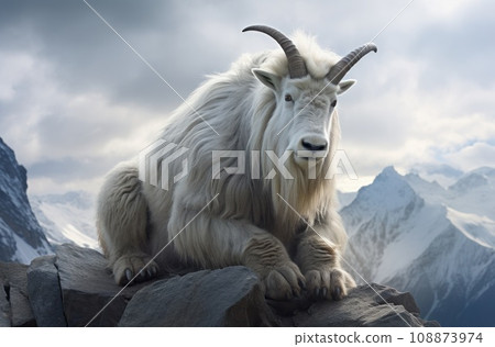 Mountain goat. Snow goat. A white shaggy goat with long white hair and horns stands on a snow-capped mountain peak. Animals in the wild. Close up. Copy space. Oreamnos americanus. 108873974