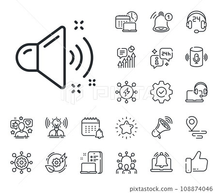 Music sound sign. Place location, technology and smart speaker outline icons. Loud sound line icon. Musical device symbol. Loud sound line sign. Influencer, brand ambassador icon. Vector 108874046