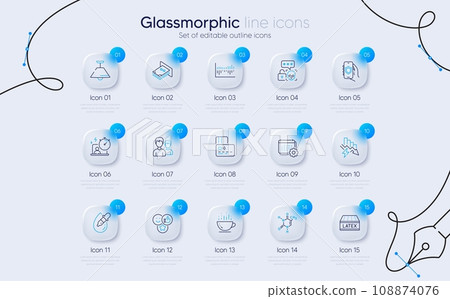 Set of Column diagram, Security app and Chemical formula line icons for web app. Timer, Ceiling lamp, Calendar icons. Like, Card, Cyber attack signs. Saving electricity, Coffee cup, Couple. Vector 108874076