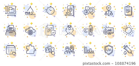 Outline set of Doctor, Typewriter and Medical analytics line icons for web app. Include Certificate, Timer, Healthcare calendar pictogram icons. Time management, Puzzle, Stress signs. Vector Outline set of Doctor, Typewriter and Medical analytics line icons for web app. Include Certificate, Timer, Healthcare calendar pictogram icons. Time management, Puzzle, Stress signs. Vector 108874196