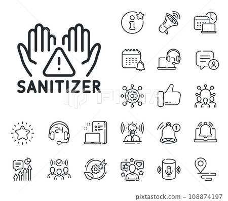 Sanitary cleaning sign. Place location, technology and smart speaker outline icons. Clean hands line icon. Washing hands symbol. Clean hands line sign. Influencer, brand ambassador icon. Vector Sanitary cleaning sign. Place location, technology and smart speaker outline icons. Clean hands line icon. Washing hands symbol. Clean hands line sign. Influencer, brand ambassador icon. Vector 108874197
