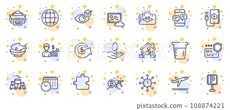 Outline set of Phone messages, World time and Seafood line icons for web app. Include Augmented reality, Cooking beaker, Calendar time pictogram icons. Work home, Departure plane. Vector Outline set of Phone messages, World time and Seafood line icons for web app. Include Augmented reality, Cooking beaker, Calendar time pictogram icons. Work home, Departure plane. Vector 108874221