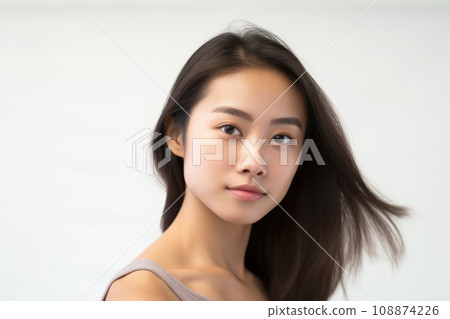 Young beautiful Asian model with long black straight hair close-up on white background. Copy space. Beautiful clean glowing skin. Natural makeup. Beauty saloon. Salon. Cosmetology, dermatology, Spa 108874226