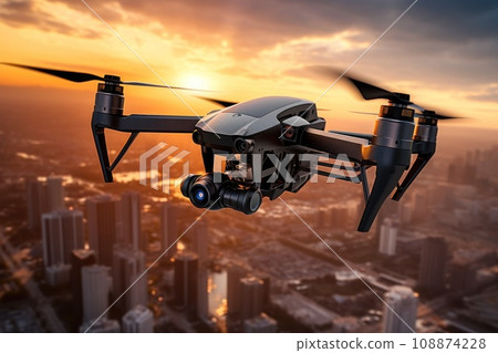 Quadcopter soaring high above an urban skyline, capturing breathtaking aerial views. Cityscape, sunset, drone pilot.Urban exploration, modern technology. Electronics. Close up. Advertising 2 108874228