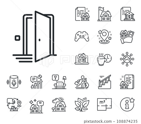 Open doorway sign. Floor plan, stairs and lounge room outline icons. Door line icon. Home interior symbol. Door line sign. House mortgage, sell building icon. Real estate. Vector 108874235