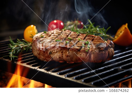 Gourmet vegetarian steak sizzling on a grill, releasing mouthwatering aromas.Grilling marks, herbs, vegetables, summer barbecue. Summery, BBQ delight. Delicious healthy vegetarian food. Close up 2 108874262